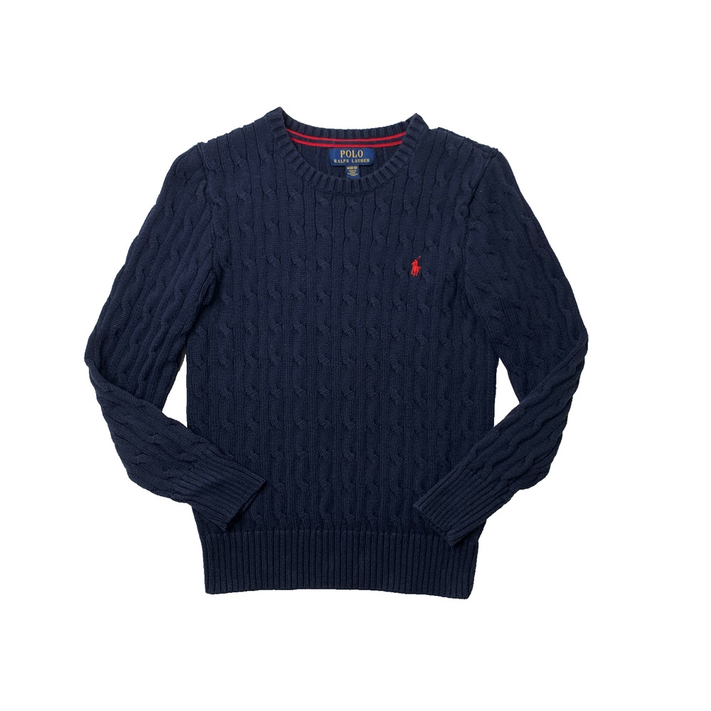 Polo Ralph Lauren Sweater Boys Youth M Medium Navy Cable Knit Cotton Crew Neck